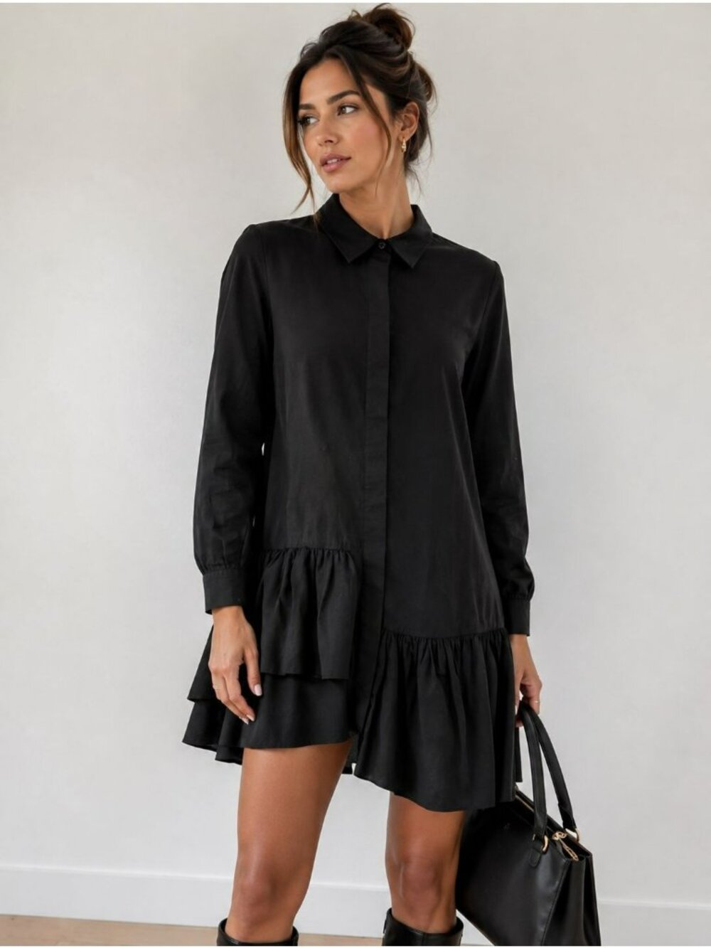 COS Shirt Dress  Black Ruffle Hem Long-Sleeve Womens Size M